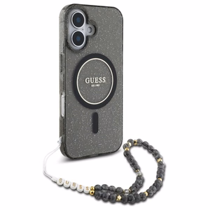 Guess IML Spīdīgs Ar Pērļu Siksniņu Magnētiskais viedtālruņa apvalks iPhone 16 - melns