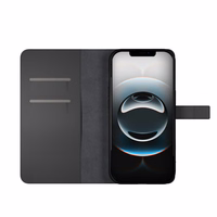 Puro ekoloģiskās ādas viedtālruņa apvalks iPhone 16E ar horizontālu atloku, 2 karšu slotiem un banknošu kabatu, melns