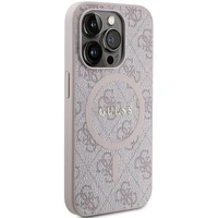 Guess 4G kolekcija ādas metāla logotips Magnētiskais apvalks iPhone 14 Pro Max - rozā