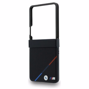 Melns BMW M Leather Perforated Tricolor Stripe Metal Logos vāciņš ar MagSafe Samsung Galaxy Z Flip8 tālrunim