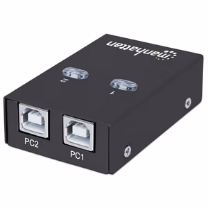 Manhattan USB-A automatic sharing switch, 2x USB-B ports, 480 Mbps (USB 2.0), dual control (auto-sensing or manual), USB powered (no external power supply required), incl. 1x 1.5m USB-A to USB-B cable