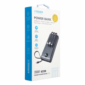 VEGER Portatīvais lādētājs 20000 mAh ar iebūvētu kabeli Micro USB / Type C / Lightning C20 (W2047 / W2059) melns