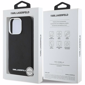 Karl Lagerfeld Saffiano Full Wrapped Elongated Metal Logo MagSafe iPhone 16 Pro Case - Black