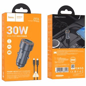 Automobiļa lādētājs Hoco USB A + USB C QC3.0 PD 30W + kabelis USB C uz USB C Z57A melns