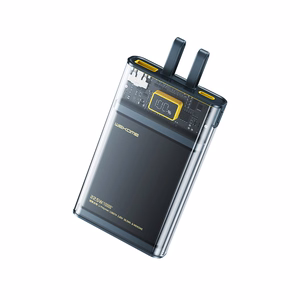 WEKOME WP-323 Vanguard Series ārējais akumulators, 10000 mAh, PD 20 W + QC 22,5 W, ar iebūvētiem USB-C un Lightning kabeļiem, melns un caurspīdīgs