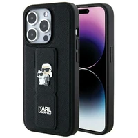 Karl Lagerfeld Gripstand Saffiano Karl&Choupette Pins viedtālruņa apvalks iPhone 14 Pro - melns