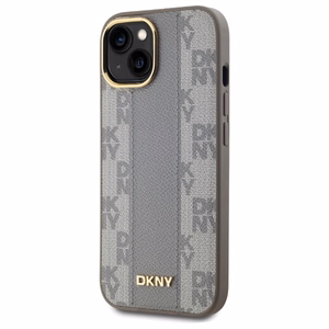 DKNY Ādas rūtainais mono raksts Magnētiskais viedtālruņa apvalks iPhone 15 Plus - bēša