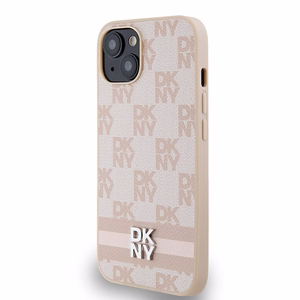 DKNY Ādas rūtainais mono raksts un drukātās svītras viedtālruņa apvalks iPhone 15 Plus / 14 Plus - rozā