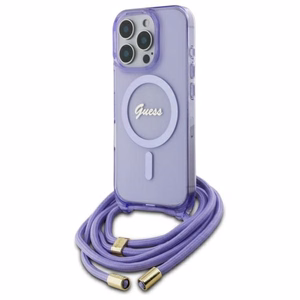 Guess Crossbody Cord Script Magnētiskais viedtālruņa apvalks iPhone 16 Pro Max - violets