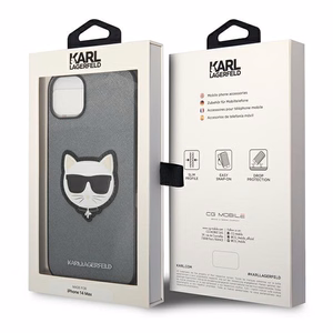 Karl Lagerfeld Saffiano Choupette Head Patch viedtālruņa apvalks iPhone 14 Plus - sudraba