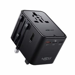 Acefast Z8 GaN 45W Travel Adapter 3x USB-C + 2x USB-A Travel Wall Charger with 2500W AC Socket - Black