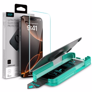 ESR Armorite aizsargstikls iPhone 16 Pro Max ar aplikatoru - ar melnu rāmi