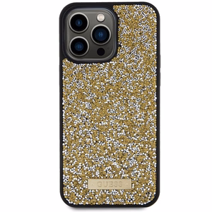 Guess Rhinestone Metāla Logotips viedtālruņa apvalks iPhone 15 Pro - dzeltens