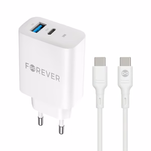 Forever TC-07-30AC PD QC Charger 1x USB-C 1x USB 30W White + USB-C to USB-C Cable 60W