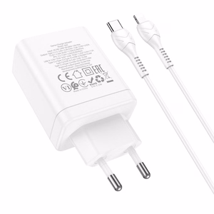 Lādētājs Hoco 2 x USB C + USB A QC3.0 PD 3A 35W N33 + Kabelis USB C uz Lightning N33 balts