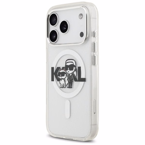 Karl Lagerfeld IML Glitter Karl & Choupette Sketch Logo Magnētiskais viedtālruņa apvalks iPhone 17 Pro - caurspīdīgs