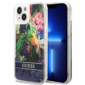 Guess GUHCP14SLFLSB iPhone 14 6.1 "zils cietais apvalks Flower Liquid Glitter