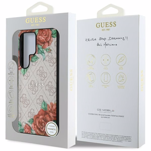 Guess ādas 4G ziedu raksta Magnētiskais viedtālruņa apvalks Samsung Galaxy S25 Ultra - rozā