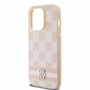 DKNY ādas rūtainais mono raksts un drukātas svītras viedtālruņa apvalks iPhone 14 Pro - rozā