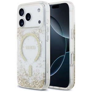 Guess Resin Bottom Glitter MagSafe maciņš, paredzēts iPhone 18 Pro / 17 Pro, zeltains