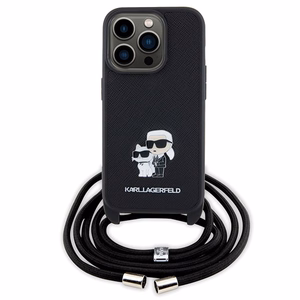 Karl Lagerfeld krustveida Saffiano metāla piespraude Karl & Choupette viedtālruņa apvalks iPhone 15 Pro - melns