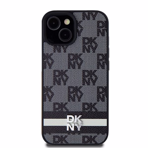 DKNY Ādas rūtainais mono raksts un drukātās svītras viedtālruņa apvalks iPhone 15/14/13 - melns