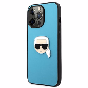 Karl Lagerfeld KLHCP13XPKMB iPhone 13 Pro Max 6,7" zils cietais maciņš Leather Ikonik Karl`s Head Metal