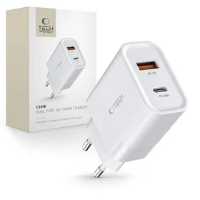 Tech-Protect C30W lādētājs USB-C PD 30W / USB-A QC 3.0 - balts