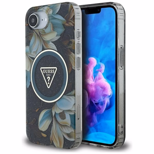 Guess IML Metal Glitter Flowers Triangle magnētiskais viedtālruņa apvalks iPhone 16e - melns