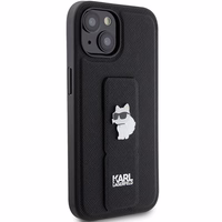 Karl Lagerfeld Gripstand Saffiano Choupette Pins viedtālruņa apvalks iPhone 15 - melns