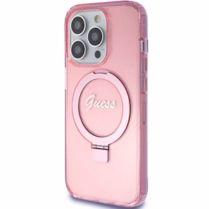 Guess viedtālruņa apvalks ar statīvu Ring Stand Script Glitter magnētiskais iPhone 15 Pro - rozā