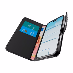 Puro Wallet Stand case for iPhone 17 made of eco-leather, with a flap, wallet and stand function - black