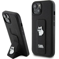 Karl Lagerfeld Gripstand Saffiano Choupette Pins apvalks viedtālrunim iPhone 15 Plus / 14 Plus - melns