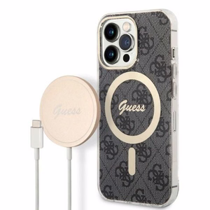 Komplekts Guess GUBPP13LH4EACSK vāciņš + lādētājs iPhone 13 Pro melns cietais vāciņš ar 4G rakstu Magnētiskais