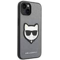 Karl Lagerfeld Saffiano Choupette Head Patch viedtālruņa apvalks iPhone 14 Plus - sudraba