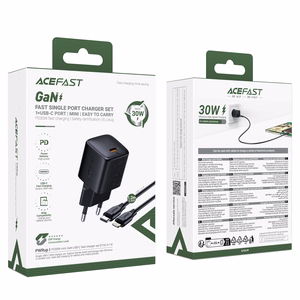 Acefast A118 30W GaN USB-C tīkla lādētājs ar 1.2m USB-C uz Lightning kabeli - melns