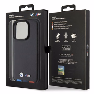 BMW BMHCP15L22PTDK viedtālruņa apvalks iPhone 15 Pro 6.1" melns/melns ādas ar trīskrāsu emblēmu