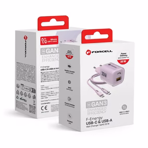 FORCELL F-ENERGY Crystal Color GaN III VT-41 ceļojumu lādētājs ar silikona kabeli ar 1 x Type C + 1x USB A ligzdām, PD QC4.0 33W violets