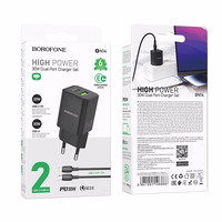 Borofone Sienas lādētājs BN14 Royal GaN - USB + Type C - QC 3.0 PD 30W ar Type C uz Lightning kabeli melns