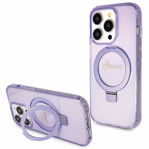 Guess Magnētiskā viedtālruņa apvalks ar gredzena statīvu Script Glitter MagSafe iPhone 14 Pro - violeta