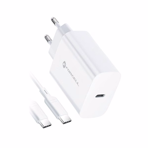 FORCELL F-ENERGY TFK-TC-25WPD ceļojumu lādētājs Type C + kabelis Type C uz Type C PD Q.C 3A 25W balts