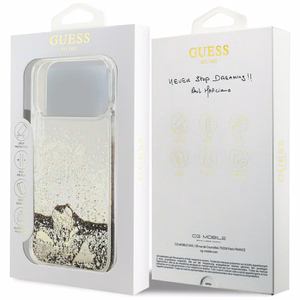 zelta Guess Liquid Glitter 4G Charms vāciņš modeļiem iPhone 18 Pro Max / 17 Pro Max