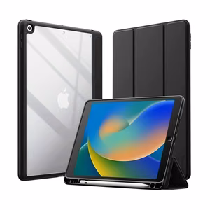 Crong PrimeFolio atverams vāciņš iPad 10.2" (2019–2021) ar statīvu un Apple Pencil turētāju, melns un caurspīdīgs