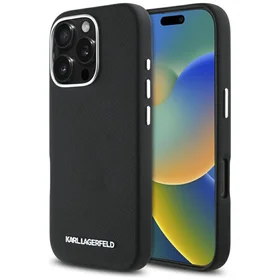 Karl Lagerfeld Saffiano pilnībā pārklāts iegarena metāla logotipa magnētiskais viedtālruņa apvalks iPhone 16 Pro Max - melns