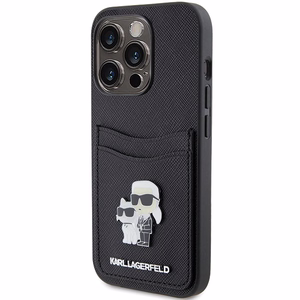 Karl Lagerfeld Saffiano karšu slotiņa Karl&Choupette metāla piespraude apvalks iPhone 15 Pro - melns