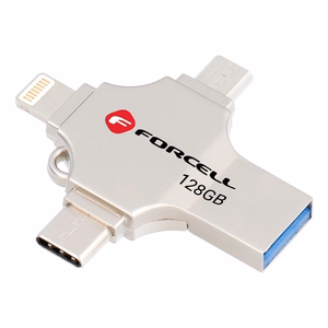 FORCELL F-DATA USB zibatmiņa Metal Quad 128GB USB3.2 Gen 1 (USB A / Type C / Lightning / Micro USB) sudraba