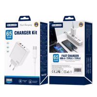 JELLICO tīkla lādētājs EU20 GaN PD 65W 2xUSB-C + 1xUSB QC3.0 + kabelis USB-C - USB-C balts