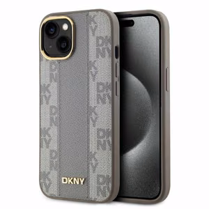 DKNY Ādas rūtainais mono raksts magnētiskais iPhone 15 viedtālruņa apvalks - bēšs