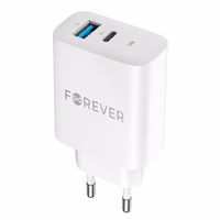 Forever TC-07-30AC PD QC lādētājs 1x USB-C 1x USB 30W balts + USB-C - USB-C kabelis 60W