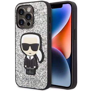Karl Lagerfeld KLHCP14LGFKPG iPhone 14 Pro 6.1 cietais viedtālruņa apvalks sudraba mirdzošas pārslas Ikonik